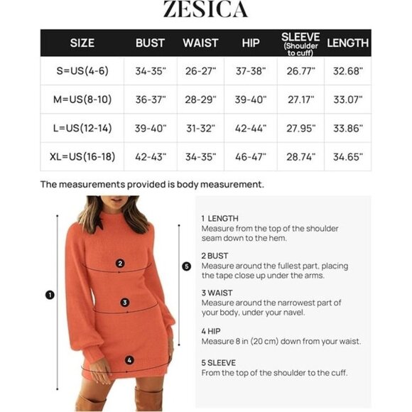 Women's Casual Turtleneck Long Puff Sleeve Soft Fuzzy Mini Dress Orange Medium - Picture 7 of 8